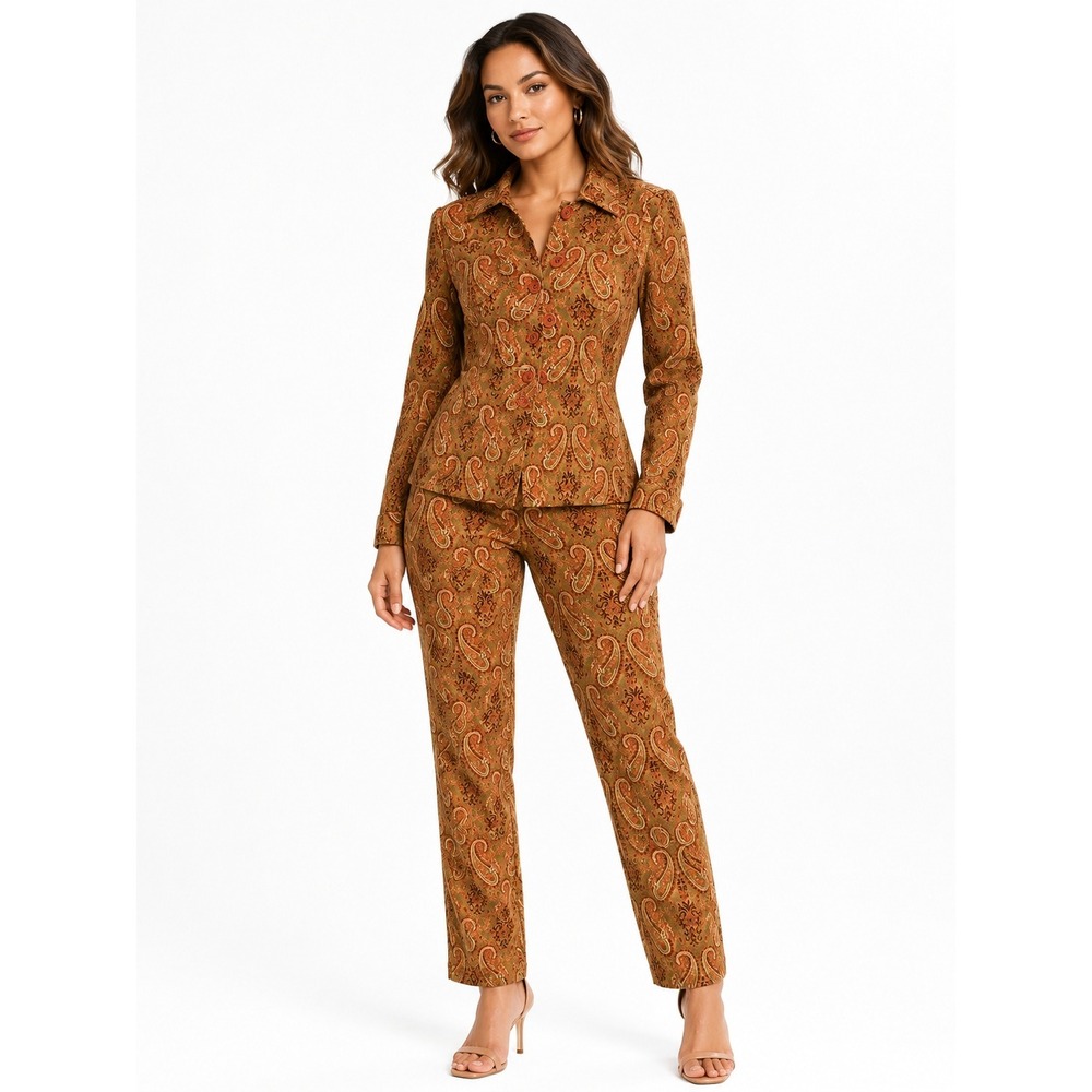 Harve Benard Petite Paisley Jacquard Pant Suit Blazer 4P Pants 2P Orange Green